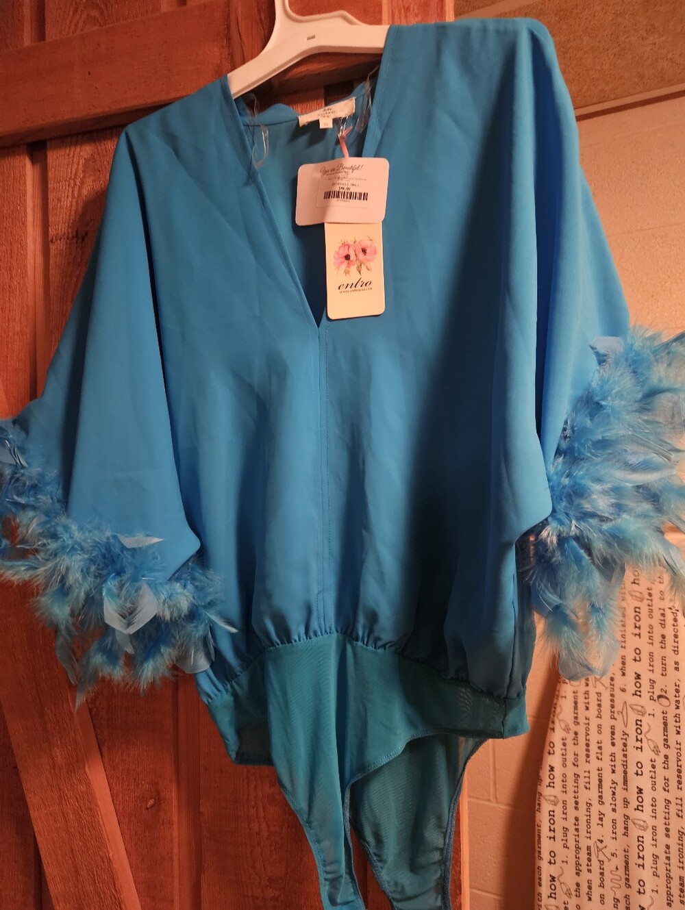 Entro Cobalt Blue Feathered Sleeve Bodysuit Blouse. New With Tags. Size Medium